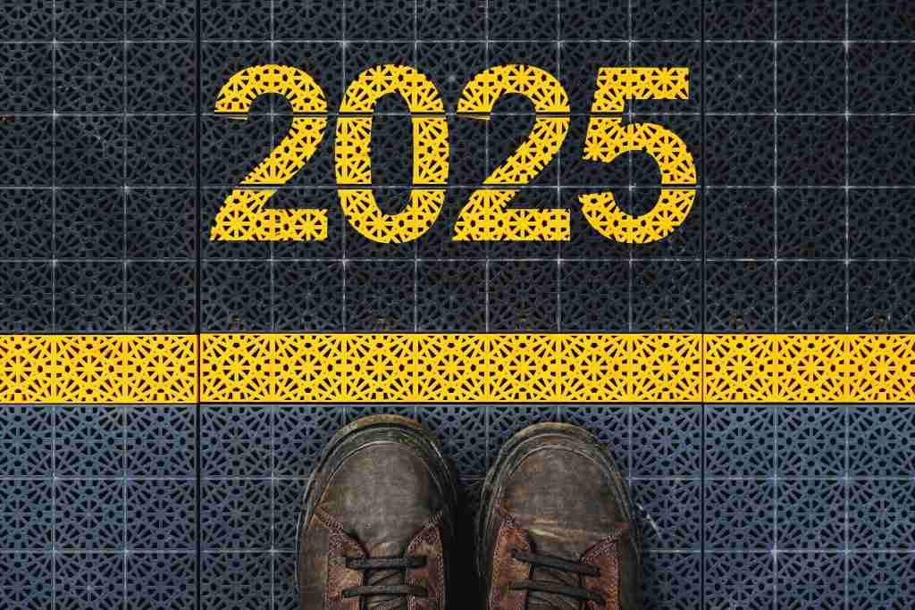 New Year 2025, man standing on outdoor sport court plastic flooring, top view
